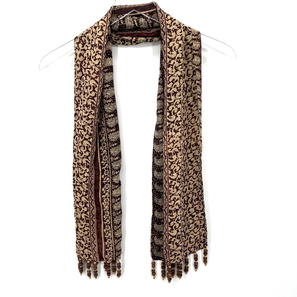 April Cornell Trading Wooden Beaded Fringe Rectangular Scarf‎ Boho Paisley Rayon